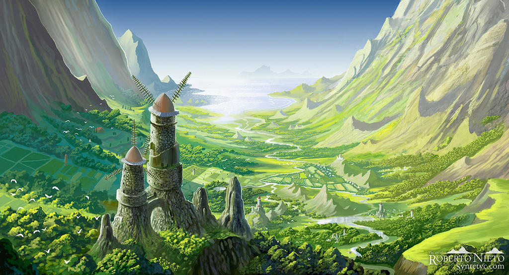Fantasy rural farmland in a river valley surrounded by mountains. Nausicaä of the Valley of the Wind fanart.