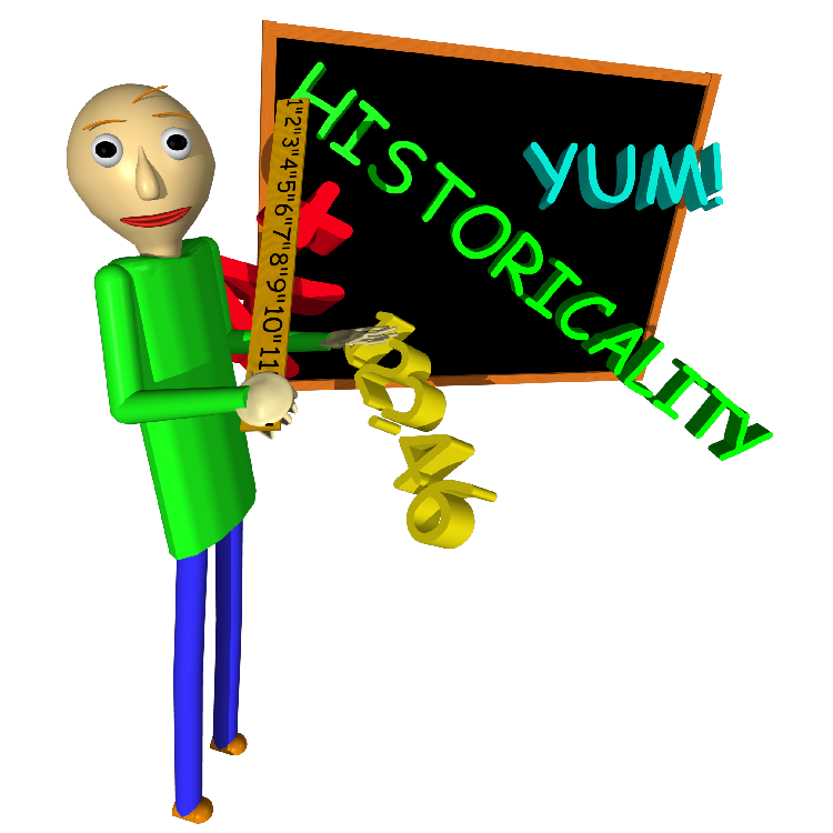 Baldis Basics. Low-poly CGI man wearing a green shirt holding a ruler in front of a chalkboard.