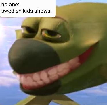Meme of the Swedish children's show Bilakuten showing an animated plane's face with creepy smile and teeth.