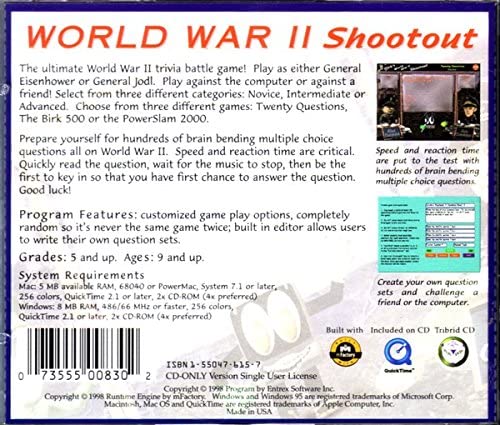 Back CD cover of Birk's World War II Shootout game, by Entrex Software.