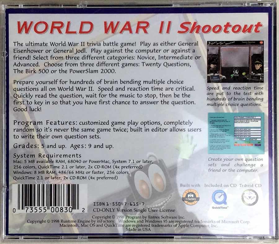 Back CD cover of Birk's World War II Shootout game, by Entrex Software.