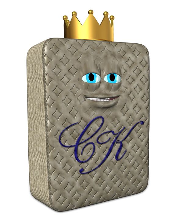 Creepy-looking CGI mattress with a face and crown.