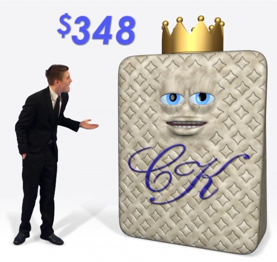 Creepy-looking CGI mattress with a face and crown standing next to a human businessman.