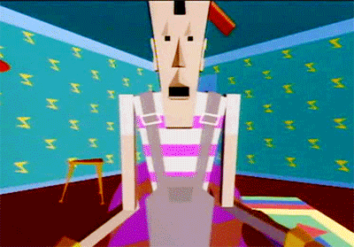 Dire Straits Money for Nothing music video. CGI animation of a slim man falling into a TV.