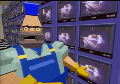Dire Straits Money for Nothing music video. CGI animation of a gruff man in overalls in front of a wall of TVs.