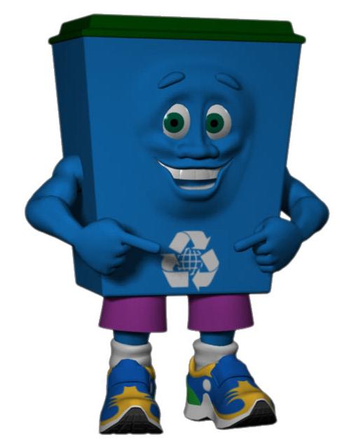 Blue CGI recycling bin with a creepy face.