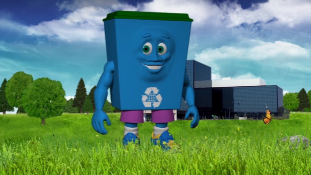 Blue CGI recycling bin with a creepy face standing in grass