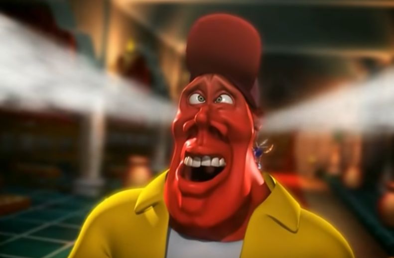 Music video for the song It Burns, by Loco Loco. Creepy-looking CGI man with red face and steam coming out of his ears.
