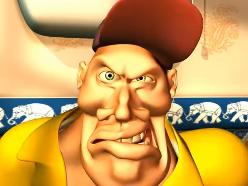 Closeup of an angry, creepy-looking, 3D CGI man's face from the music video It Burns, by Loco Loco.