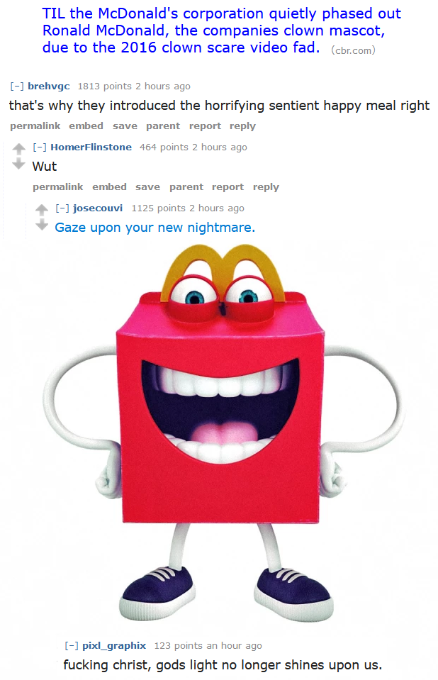 McDonalds Happy Meal mascot with terrifying smile.