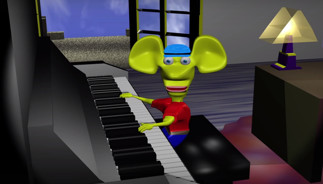 Ratboy Genius. Low-quality CGI yellow mouse playing a piano.