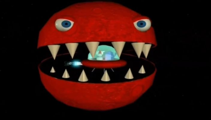 Spiderbait - Calypso music video. Red sphere with pointy teeth eating a spaceship.