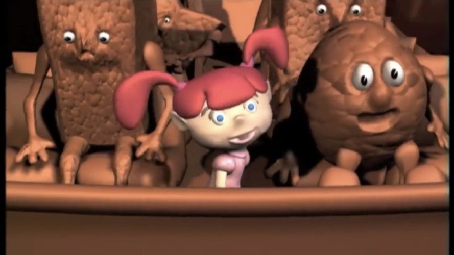 CGI girl sitting among scary chocolate creatures.