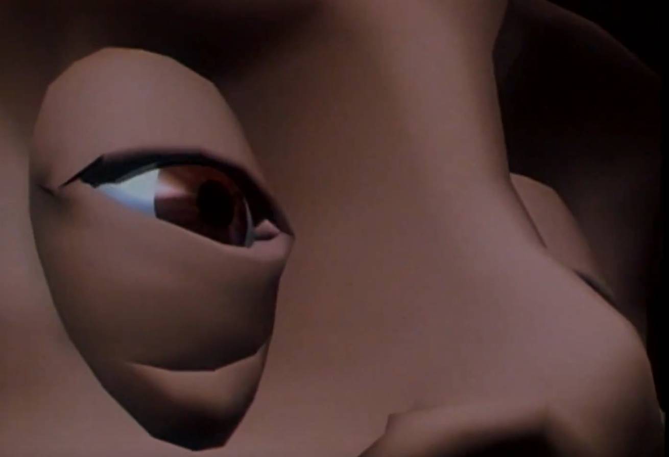 Tony de Peltrie, creepy-looking CGI animation of a piano player from 1985. Closeup of eye.