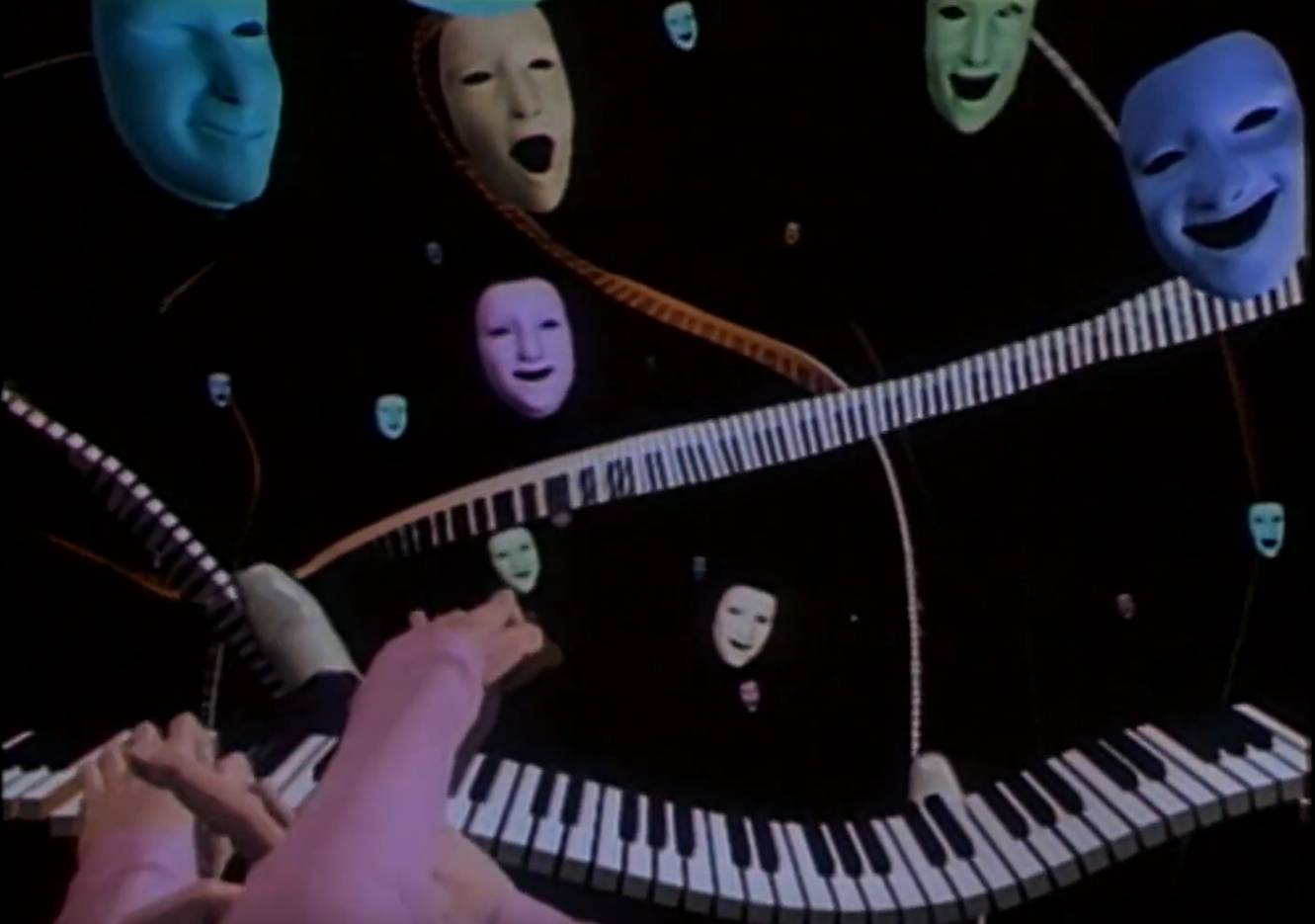 Tony de Peltrie, creepy-looking CGI animation of a piano player from 1985. Surreal piano with floating theatrical face masks.