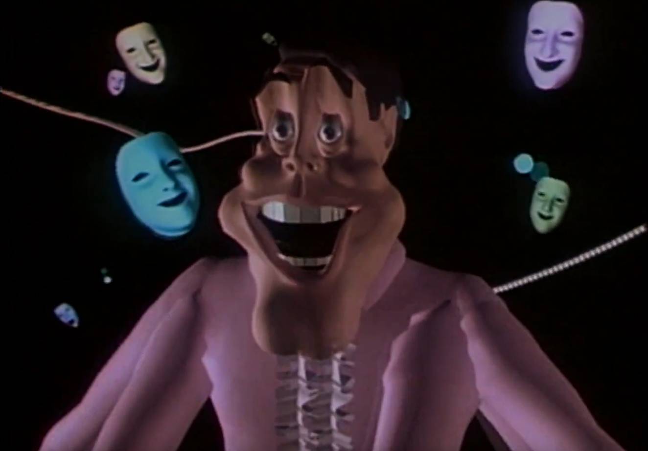 Tony de Peltrie, creepy-looking CGI animation of a piano player from 1985. Tony being driven to madness as floating theatrical face masks surround him.