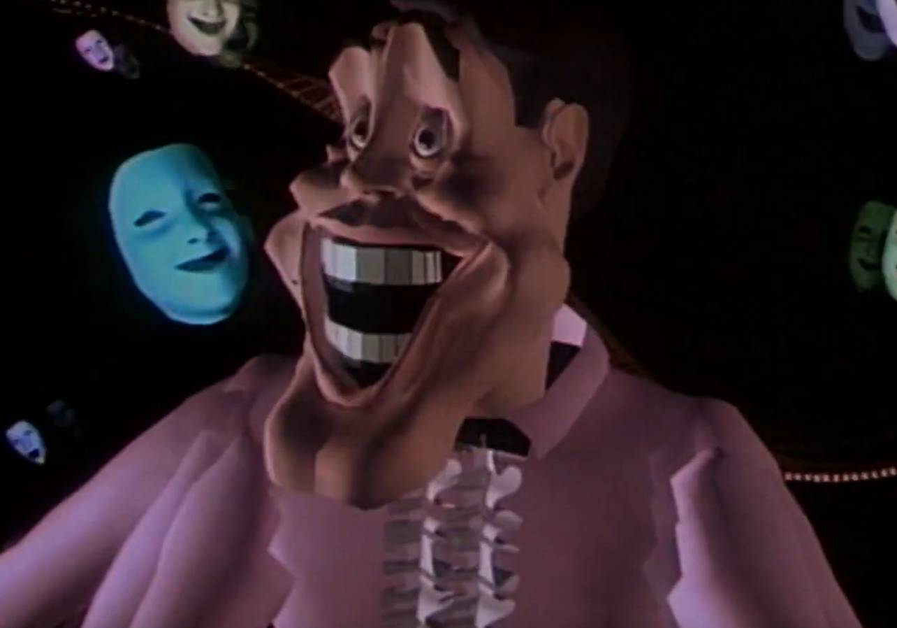 Tony de Peltrie, creepy-looking CGI animation of a piano player from 1985. Tony being driven to madness as floating theatrical face masks surround him.