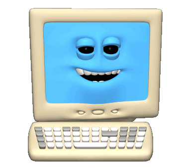 CGI Computer monitor with black eyes winking.