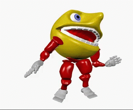 Creepy yellow face with big teeth and red arms and legs dancing.