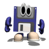 Floppy disk with eyes and hands walking rapidly.