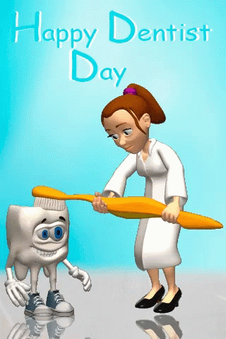 Female dentist with giant toothbrush brushing a large tooth with a face, arms, and legs.