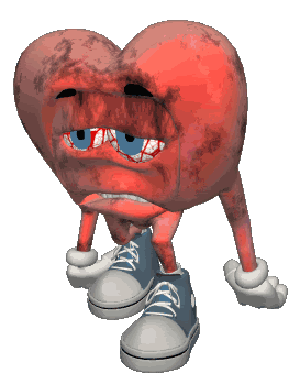 3D heart emoji with a face, arms, legs, bloodshot eyes, covered in dirt and depressed.