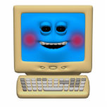 CGI Computer monitor with black eyes blushing.