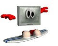 Computer monitor on a surfboard with red hands.