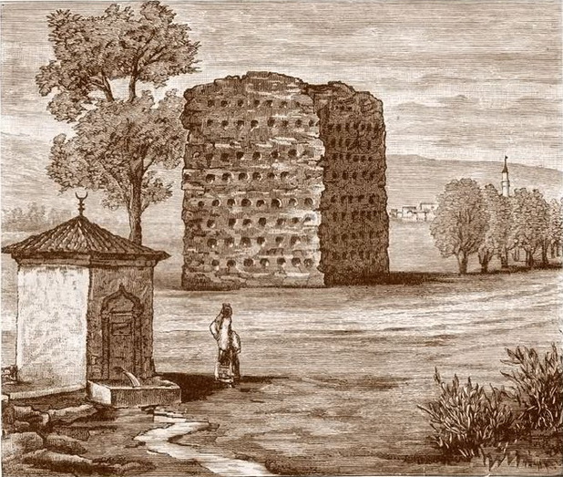 Illustration of Skull Tower seen in the distance.