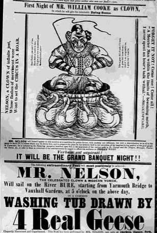 Newspaper advertisement of a clown being pulled down the river by real geese.