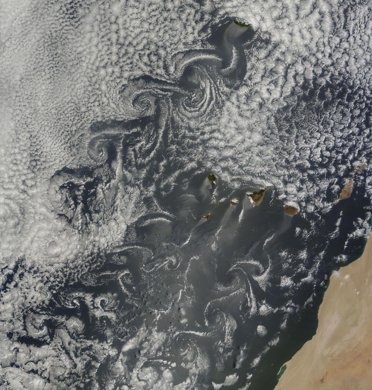 Satellite image of clouds over the ocean forming vortices due to passing over islands.