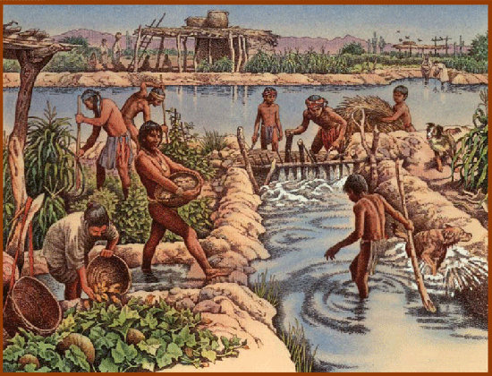 Illustration of ancient Hohokam Native Americans farming with canals.