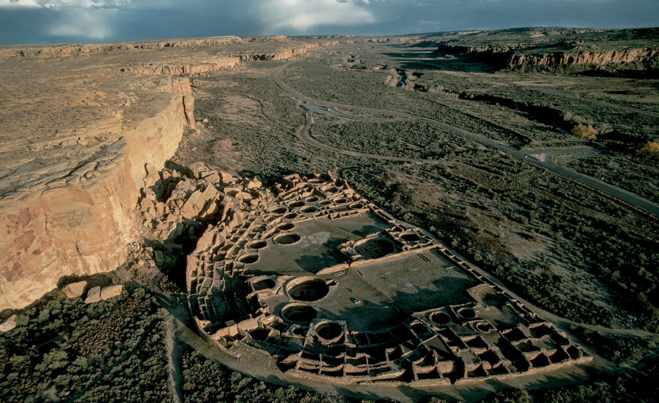 Aerial view of the ruins of a large village. Pueblo Bonito, Chaco Canyon.