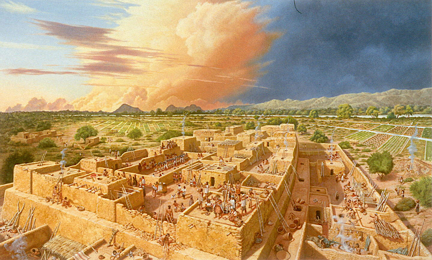 Illustration of ancient Hohokam Native American pueblo village with farms in the background.