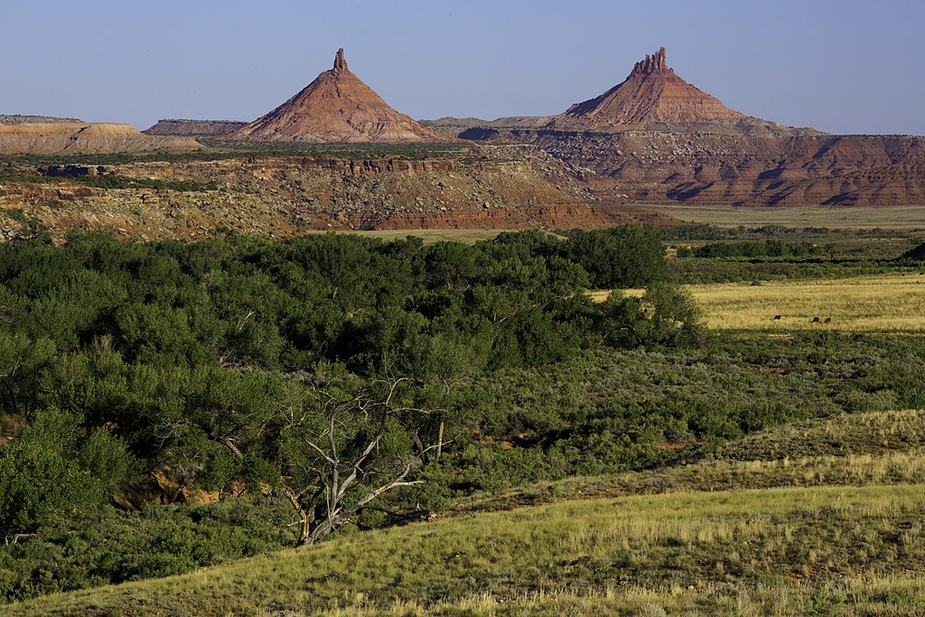Two bright red buttes in the background with green shrubs in the foreground.