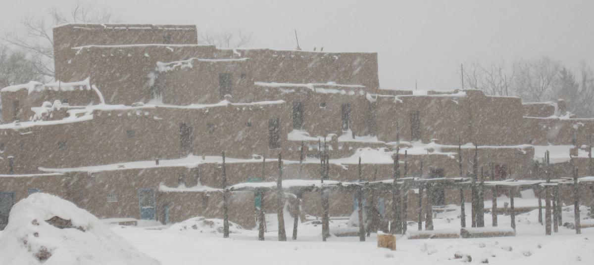 Taos Pueblo in a snowstorm.